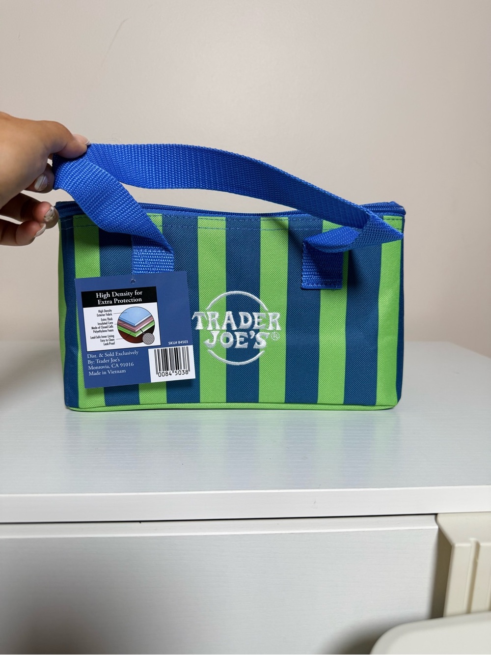 NWT Trader Joe’s mini insulated tote bag blue and green stripes - Picture 3 of 5